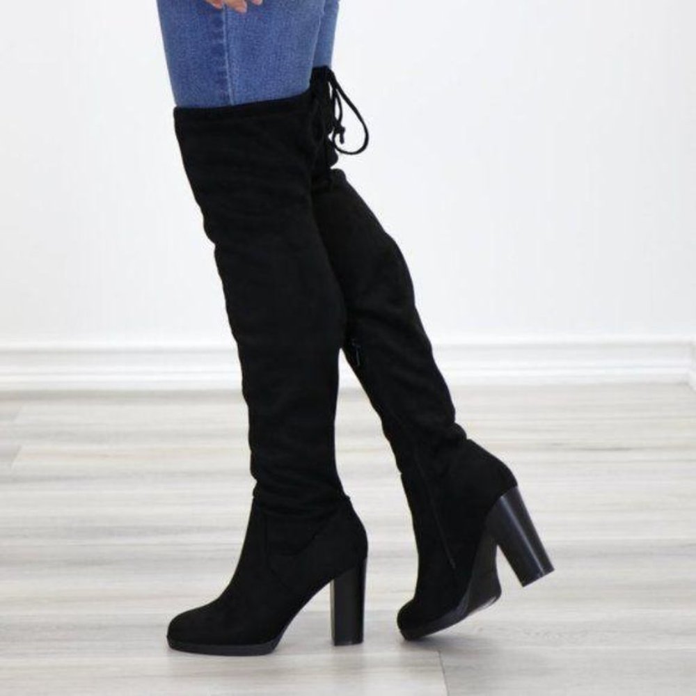 Tie Back Over Knee Heeled Sleek Boots Suede Black - Picture 10 of 15